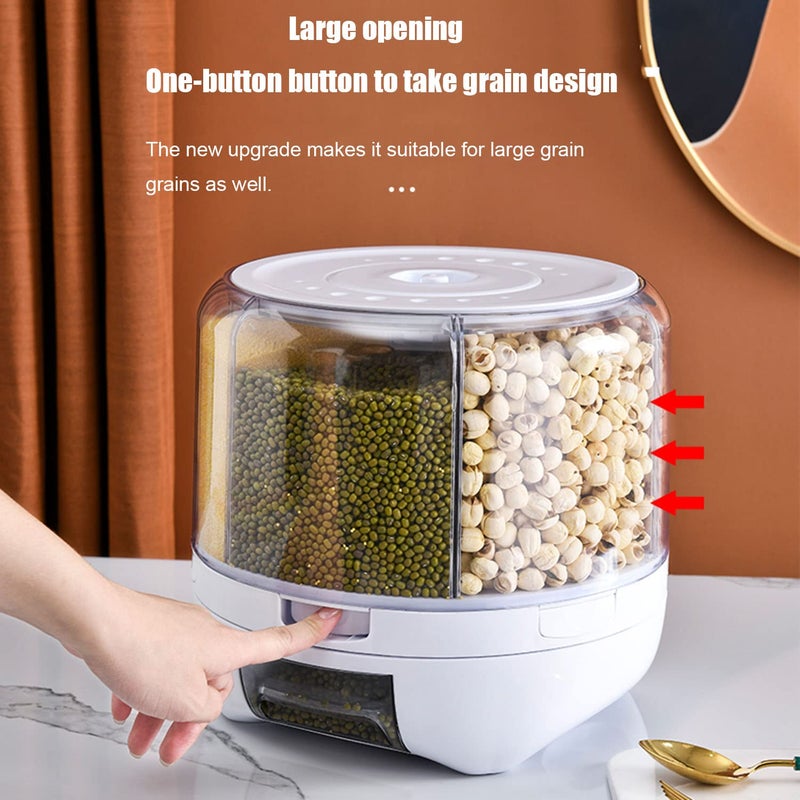 XIYAO 20Lbs large Grain dispenser 360°Rotating Rice Food Dispenser 6 Grids rice container rotatable Beans Containers Storage with Sealed lid for Peanut Barley Millet and Cereal - Image 5